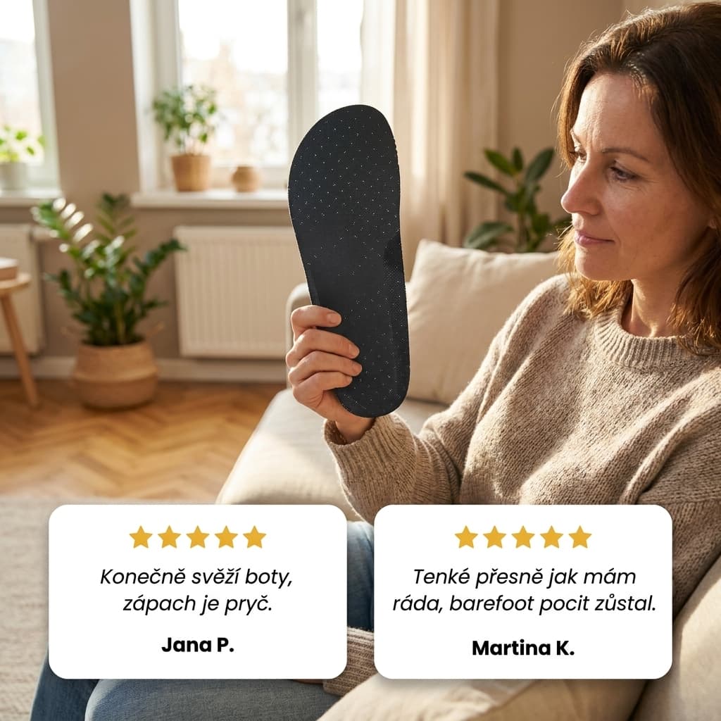 Žena drží tenkou barefoot stélku, recenze zákazníků